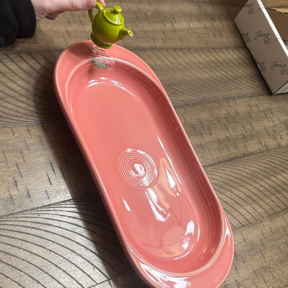 Nora Fleming Pink Serving Platter with Green Teapot Mini